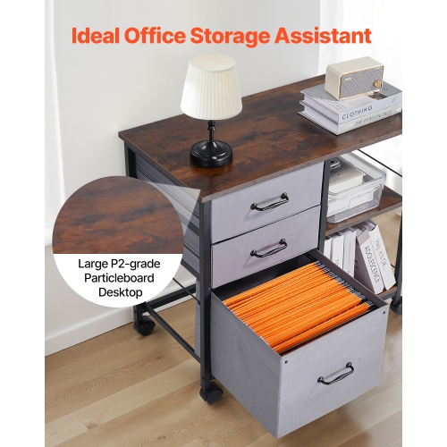 VEVOR 3 Fabric Drawers Metal File Cabinet, Mobile Filing Cabinet with 2 Open Shelves, Wooden Vertical Filing Storage Cabinets with Wheels for Letter,