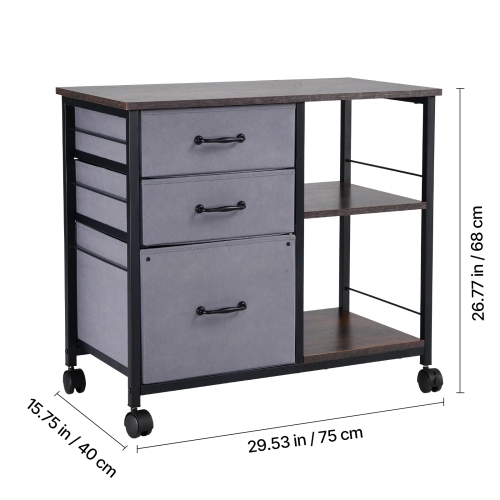 VEVOR 3 Fabric Drawers Metal File Cabinet, Mobile Filing Cabinet with 2 Open Shelves, Wooden Vertical Filing Storage Cabinets with Wheels for Letter,