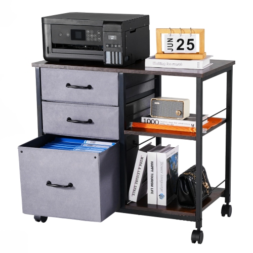 VEVOR 3 Fabric Drawers Metal File Cabinet, Mobile Filing Cabinet with 2 Open Shelves, Wooden Vertical Filing Storage Cabinets with Wheels for Letter,