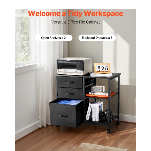 VEVOR 3 Fabric Drawers Metal File Cabinet, Mobile Filing Cabinet with 2 Open Shelves, Wooden Vertical Filing Storage Cabinets with Wheels for Letter,