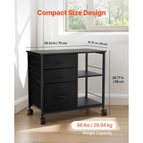 VEVOR 3 Fabric Drawers Metal File Cabinet, Mobile Filing Cabinet with 2 Open Shelves, Wooden Vertical Filing Storage Cabinets with Wheels for Letter,