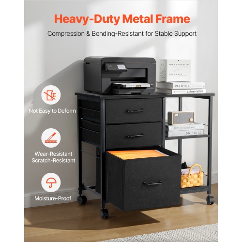 VEVOR 3 Fabric Drawers Metal File Cabinet, Mobile Filing Cabinet with 2 Open Shelves, Wooden Vertical Filing Storage Cabinets with Wheels for Letter,