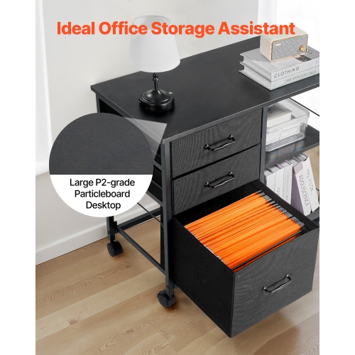 VEVOR 3 Fabric Drawers Metal File Cabinet, Mobile Filing Cabinet with 2 Open Shelves, Wooden Vertical Filing Storage Cabinets with Wheels for Letter,