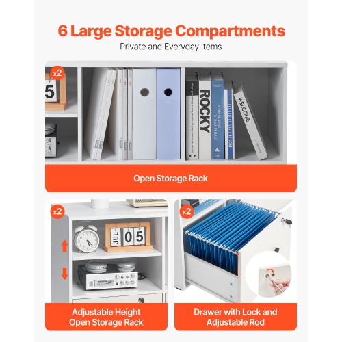 VEVOR 2 Drawer Wooden File Cabinet, Mobile Filing Cabinet with Open Shelves, Lockable Lateral Rolling File Storage with Adjustable Shelves, Free