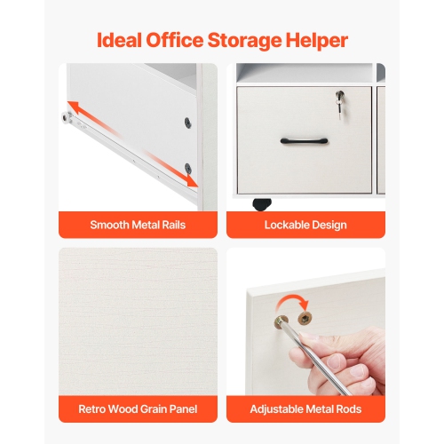 VEVOR 2 Drawer Wooden File Cabinet, Mobile Filing Cabinet with Open Shelves, Lockable Lateral Rolling File Storage with Adjustable Shelves, Free