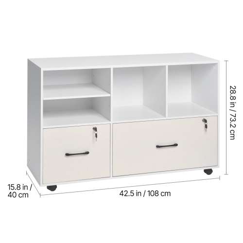 VEVOR 2 Drawer Wooden File Cabinet, Mobile Filing Cabinet with Open Shelves, Lockable Lateral Rolling File Storage with Adjustable Shelves, Free