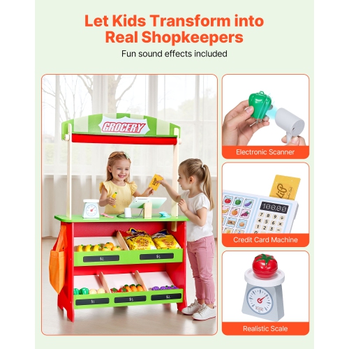 Théâtre de marionnettes en bois 2-en-1 VEVOR avec rideaux, magasin de jeu réversible, magasin d'épicerie recto verso avec tableau noir et caisse