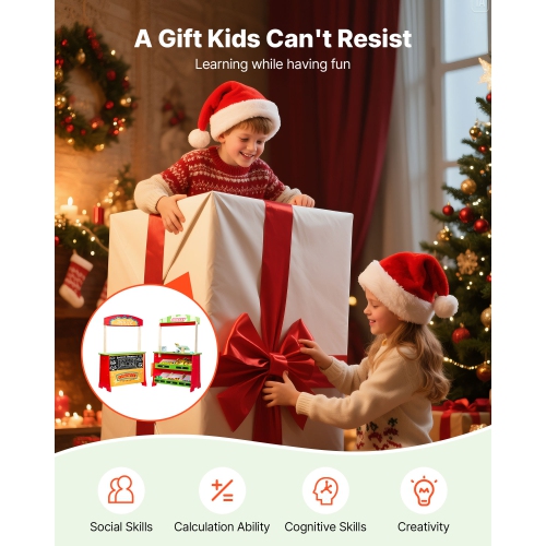 Théâtre de marionnettes en bois 2-en-1 VEVOR avec rideaux, magasin de jeu réversible, magasin d'épicerie recto verso avec tableau noir et caisse