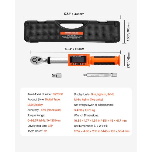 VEVOR 72-Tooth Digital Torque Wrench, 3/8 Inch Drive, 0-99.57 lbf-ft / 0-135 N.m, ±2% High Accuracy Electronic Torque Wrench with Preset Value,