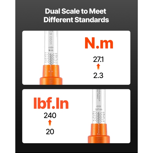 VEVOR 72-Tooth Click Torque Wrench Set, 1/4Inch Drive, 20-240 lbf-in / 2.3-27.1N.m, Dual-direction and Dual Range Scales, ±3% High Precision, with