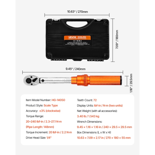 VEVOR 72-Tooth Click Torque Wrench Set, 1/4Inch Drive, 20-240 lbf-in / 2.3-27.1N.m, Dual-direction and Dual Range Scales, ±3% High Precision, with