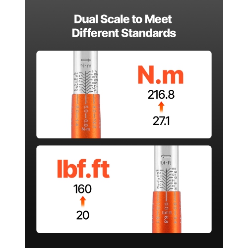 VEVOR 72-Tooth Adjustable Click Torque Wrench, 1/2 Inch Drive, 20-160 lbf-ft/27.1-216.8 N.m, Dual-direction and Dual Range Scales, ±2% Precision,