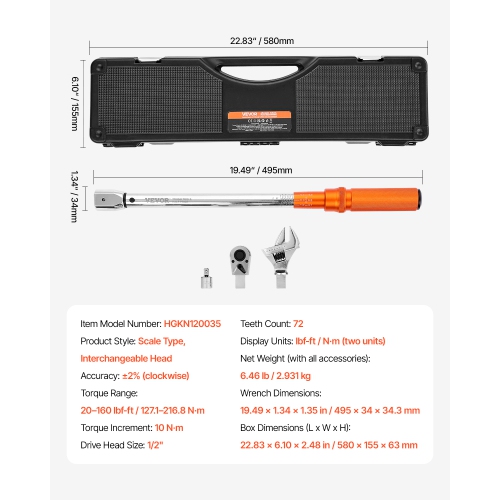 VEVOR 72-Tooth Adjustable Click Torque Wrench, 1/2 Inch Drive, 20-160 lbf-ft/27.1-216.8 N.m, Dual-direction and Dual Range Scales, ±2% Precision,