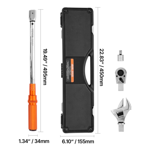 VEVOR 72-Tooth Adjustable Click Torque Wrench, 1/2 Inch Drive, 20-160 lbf-ft/27.1-216.8 N.m, Dual-direction and Dual Range Scales, ±2% Precision,