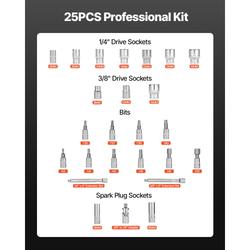 VEVOR 72-Tooth Click Torque Wrench Set, 3/8 Inch Drive, 5-60 N.m / 3.7-44.3 lbf.ft, Dual-direction, ±3% High Precision, with Sockets, Bits, Extension