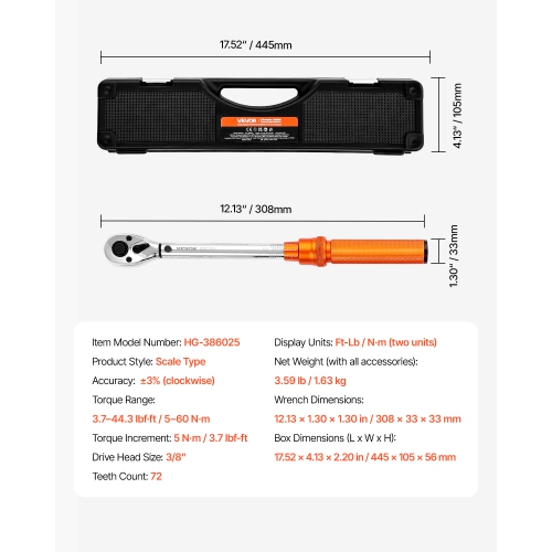 VEVOR 72-Tooth Click Torque Wrench Set, 3/8 Inch Drive, 5-60 N.m / 3.7-44.3 lbf.ft, Dual-direction, ±3% High Precision, with Sockets, Bits, Extension