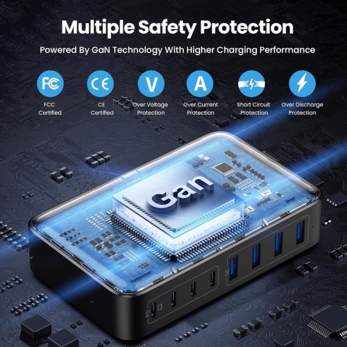 Chargeur USB-C d'200 W, station de chargement rapide GaN à 8 ports, adaptateur de chargement de portable d'65 W compatible avec MacBook