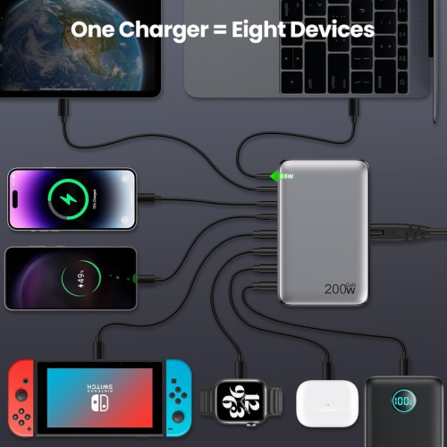 Chargeur USB-C d'200 W, station de chargement rapide GaN à 8 ports, adaptateur de chargement de portable d'65 W compatible avec MacBook