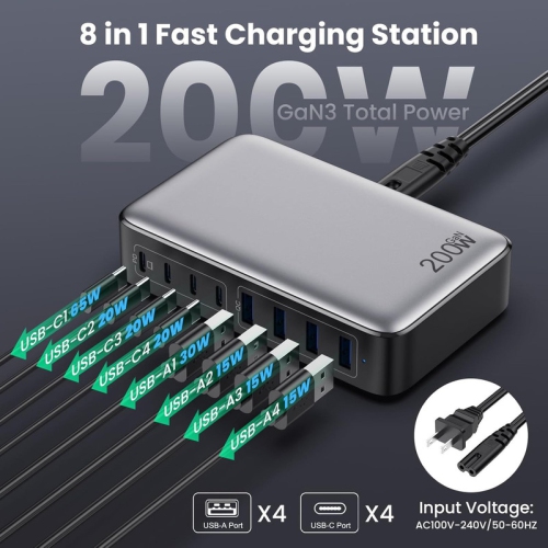 Chargeur USB-C d'200 W, station de chargement rapide GaN à 8 ports, adaptateur de chargement de portable d'65 W compatible avec MacBook