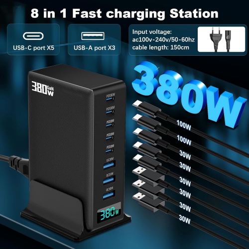 380W USB C Charger, GaN III 8-Port Fast Charger with 5 USB-C and 3 USB-A Chargers PD PPS 100W Laptop Charger Adapter White