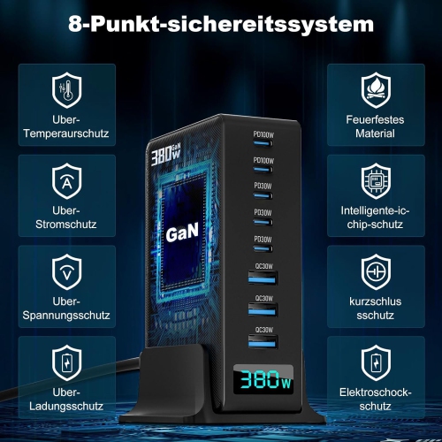 380W USB C Charger, GaN III 8-Port Fast Charger with 5 USB-C and 3 USB-A Chargers PD PPS 100W Laptop Charger Adapter Black