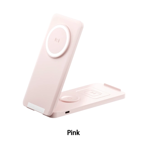 All-in-one Foldable Vertical Stand Wireless Magnetic Charger for Mobile Phones, Watches, and Apple Earphones - Pink