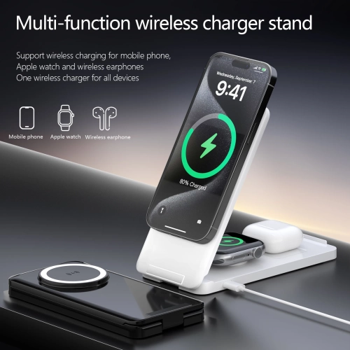 All-in-one Foldable Vertical Stand Wireless Magnetic Charger for Mobile Phones, Watches, and Apple Earphones - Pink