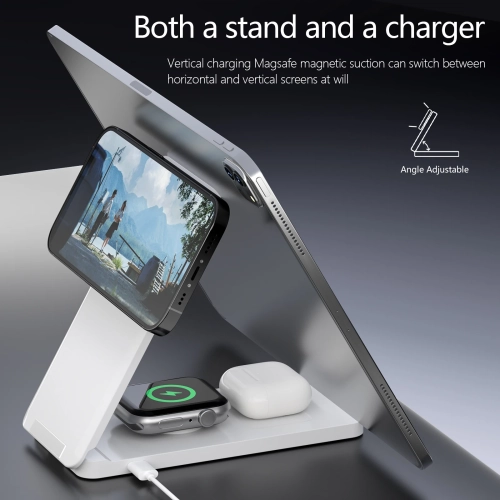 All-in-one Foldable Vertical Stand Wireless Magnetic Charger for Mobile Phones, Watches, and Apple Earphones - Pink