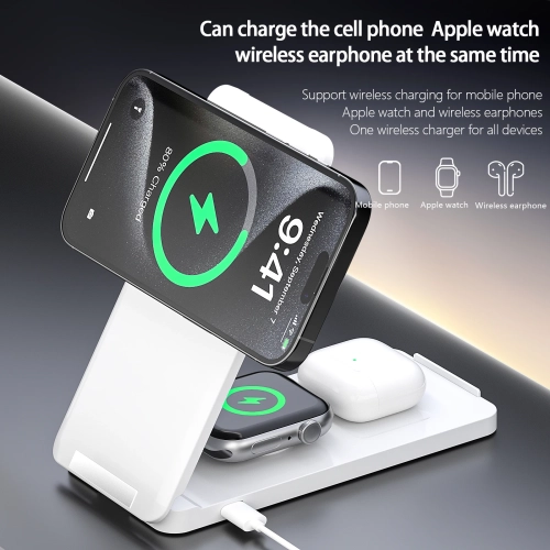 All-in-one Foldable Vertical Stand Wireless Magnetic Charger for Mobile Phones, Watches, and Apple Earphones - Pink