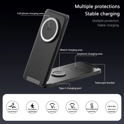 All-in-one Foldable Vertical Stand Wireless Magnetic Charger for Mobile Phones, Watches, and Apple Earphones - Pink