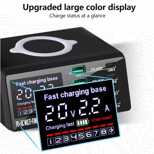 USB C Charger, W 8-Port Wireless Charging Station PD Fast Charger USB Fast 3.0 Adapter Hub, Fast, Efficient, Versatile