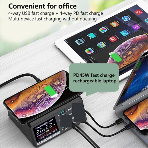 USB C Charger, W 8-Port Wireless Charging Station PD Fast Charger USB Fast 3.0 Adapter Hub, Fast, Efficient, Versatile
