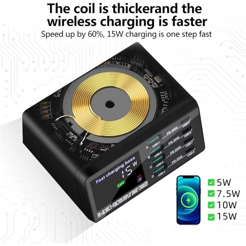 USB C Charger, W 8-Port Wireless Charging Station PD Fast Charger USB Fast 3.0 Adapter Hub, Fast, Efficient, Versatile