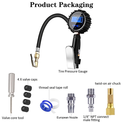 Tire Inflation Monitoring Pressure Gauge with LED Light, Portable Mini Electric Air Pump Suitable for Cars and SUVs