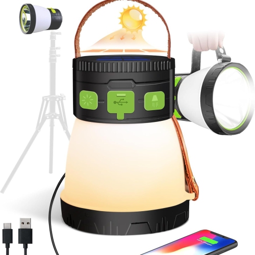 LED Solar Camping Light, 1500 Lumen Portable Flashlight, USB Rechargeable, 7 Lighting Modes with 7500 Battery, Suitable for Travel, Outdoor Camping