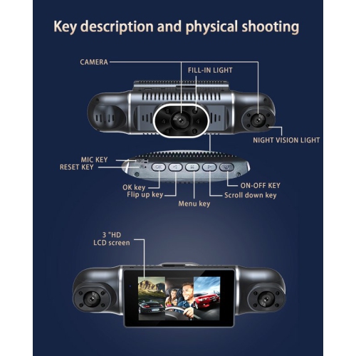 4-lens dashcam with 1080P HD night vision, reverse camera and parking monitoring, full vehicle coverage, collision lock, 3-inch screen