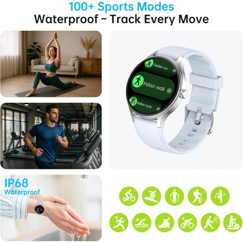 Smart Watch for Men Women, 1.27" HD Touchscreen Fitness Tracker, Bluetooth Calling, 100+ Sports Modes, Heart Rate Sleep Monitor, DIY Dial, IP68