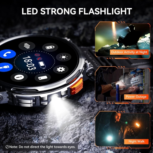 Military Smart Watch for Men with LED Flashlight 1.85” HD Rugged Smart Watches 730mAh Fitness Tracker with 114 Sports Modes Sleep Tracker IP68