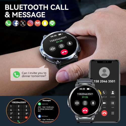 Military Smart Watch for Men with LED Flashlight 1.85” HD Rugged Smart Watches 730mAh Fitness Tracker with 114 Sports Modes Sleep Tracker IP68