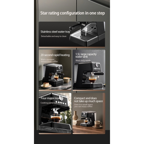 Multifunctional Espresso Machine | 20bar High-Pressure Extraction + Steam Milk Froth, One-Touch Unlock for Espresso and Latte - Black [Pressure