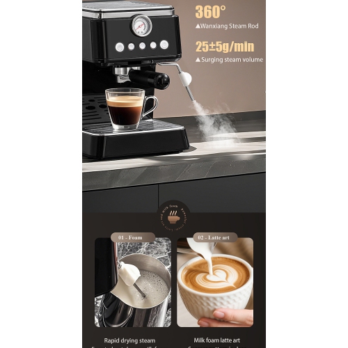 Multifunctional Espresso Machine | 20bar High-Pressure Extraction + Steam Milk Froth, One-Touch Unlock for Espresso and Latte - Black [Pressure