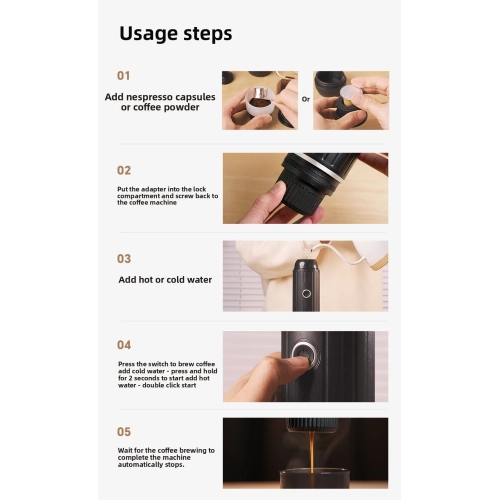 Portable espresso machine, new wireless heating electric espresso machine with rechargeable powder capsules, portable for outdoor travel and car use