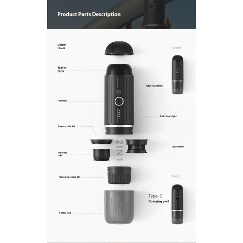 Portable espresso machine, new wireless heating electric espresso machine with rechargeable powder capsules, portable for outdoor travel and car use