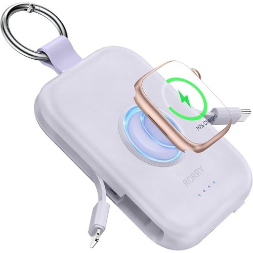 RORRY Portable Charger, 5000mAh Portable Charger Power Bank with Built-in Cables, Travel Keychain Battery Pack for Apple Watch Ultra