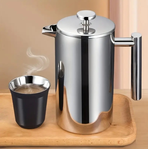 Cafetière à piston en acier inoxydable de qualité supérieure – Récipient isotherme à double paroi, manuel à froid avec tasse à filtre – Capacité
