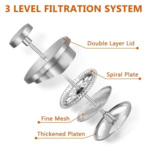 Cafetière à piston en acier inoxydable de qualité supérieure – Récipient isotherme à double paroi, manuel à froid avec tasse à filtre – Capacité