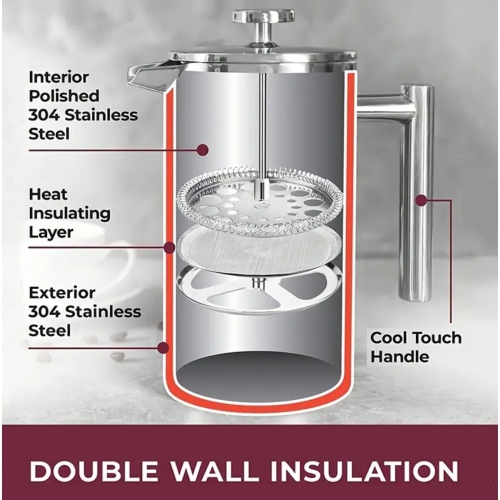 Cafetière à piston en acier inoxydable de qualité supérieure – Récipient isotherme à double paroi, manuel à froid avec tasse à filtre – Capacité