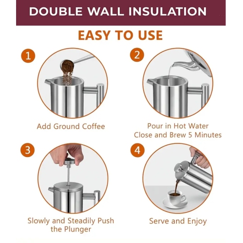 Cafetière à piston en acier inoxydable de qualité supérieure – Récipient isotherme à double paroi, manuel à froid avec tasse à filtre – Capacité