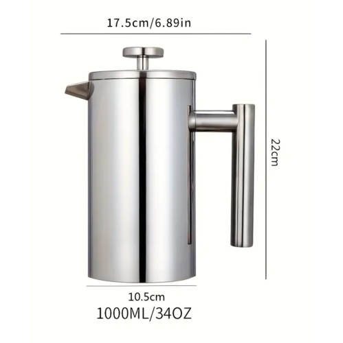 Cafetière à piston en acier inoxydable de qualité supérieure – Récipient isotherme à double paroi, manuel à froid avec tasse à filtre – Capacité
