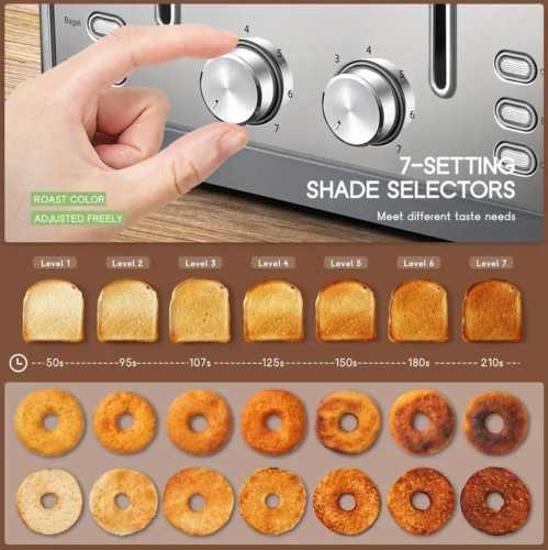 4-Slice Stainless Steel Toaster with Bagel & Muffin Function | Extra-Wide Slots, 7 Shade Settings, Dual Independent Controls, Warming Rack - 1800W